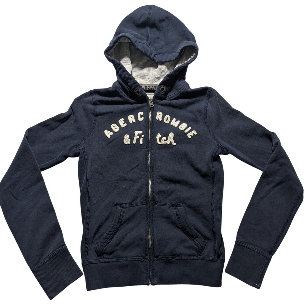 VTG Abercrombie & Fitch Women Small Applique Logo Navy Zip Fitted Y2K Hoodie